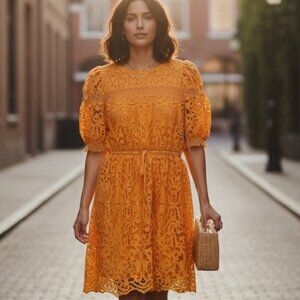 🍊JUST ME Boutique NWT Orange Lace Mini Dress | Tiered Ruffle V-Neck | L